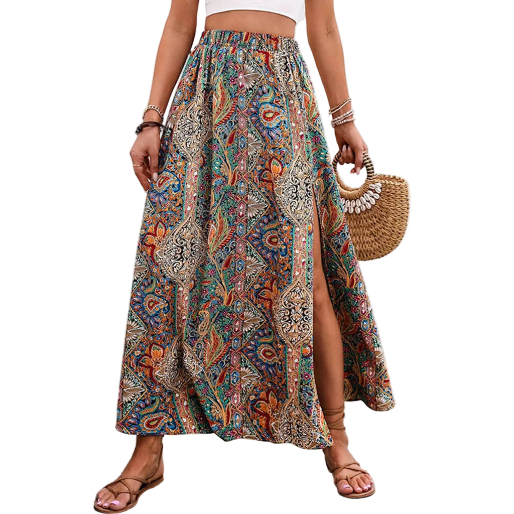 printed maxi skirt with slit and elastic waist