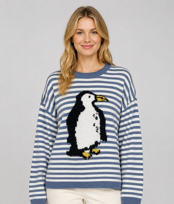 Dreamers Penguin Stripe Sweater in Blue, front view