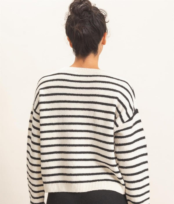 HYFVE Stripe Cozy Crewneck Sweater in Cream, back view