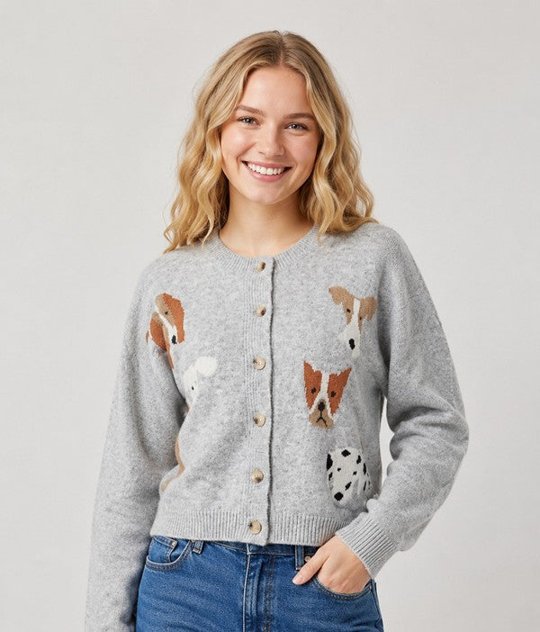 Dreamers Puppy Button Up Cardigan Sweater in Grey, front view