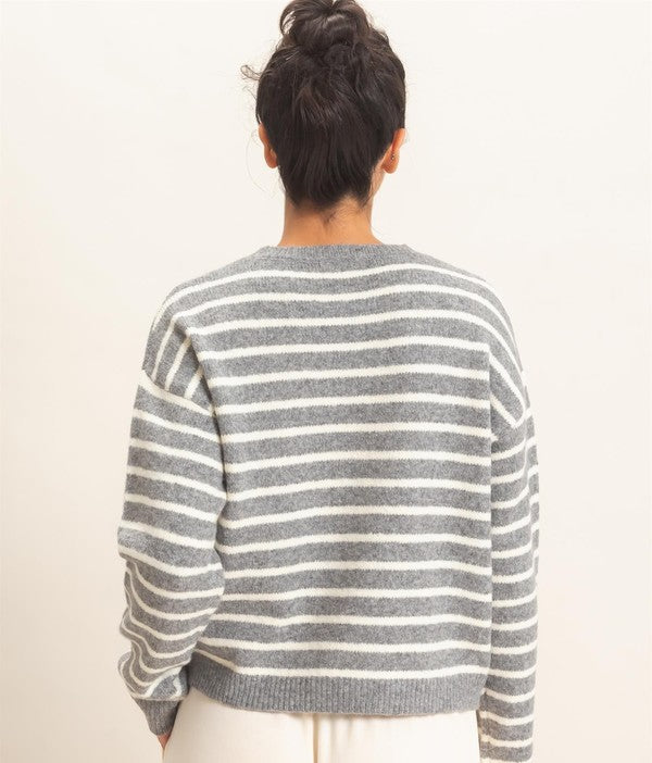 HYFVE Stripe Cozy Crewneck Sweater in Heather Grey, back view
