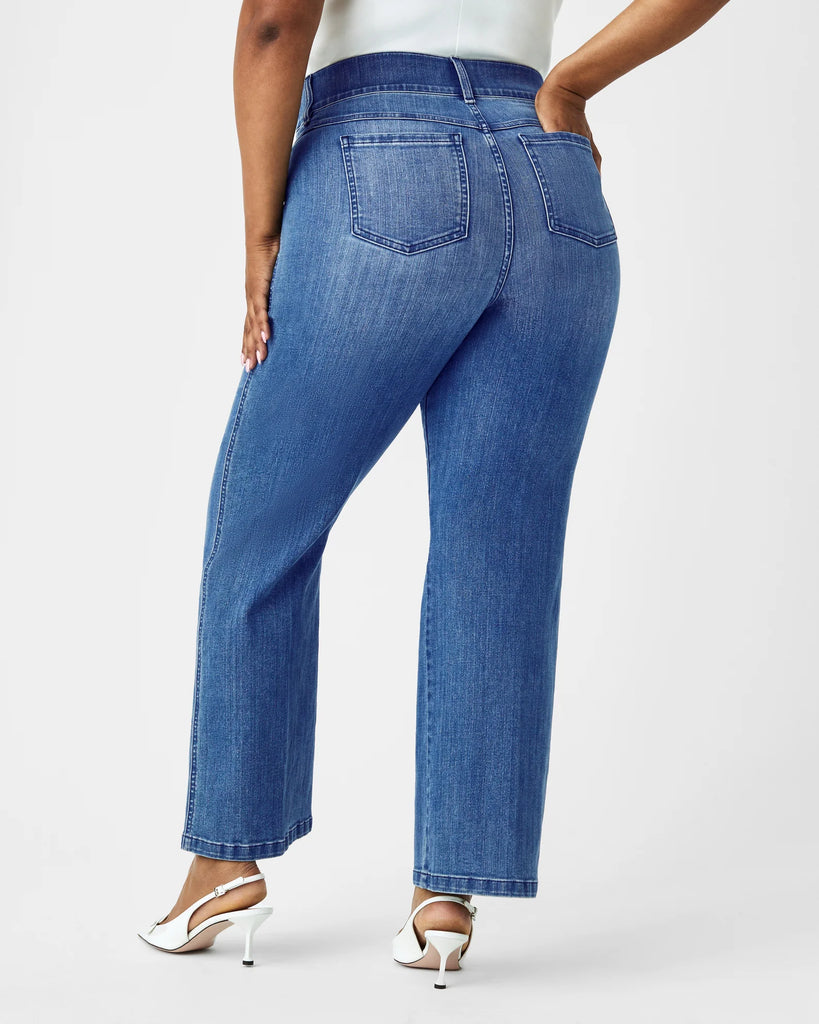 Spanx Kick Flare Jeans Blue. Designed with premium stretch denim, high-rise coverage and hidden core shaping technology, this pull-on jean features a flattering kick flare leg.