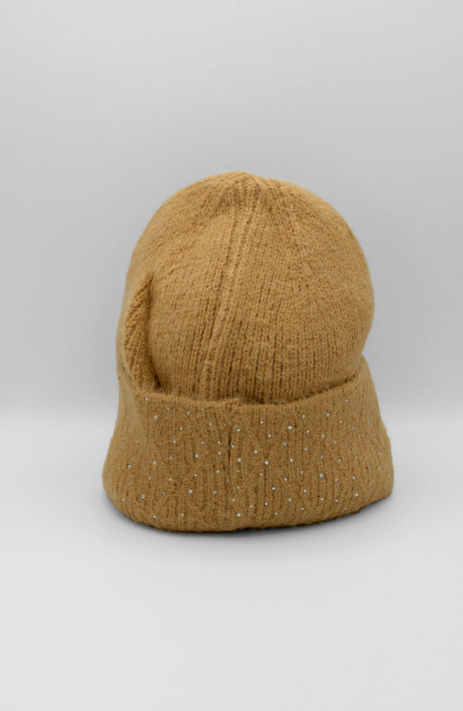 Rhinestone Beanie Camel. Add a touch of sparkle to your winter outfits with this rhinestone beanie featuring a soft sweater fabric and fold over design, perfect for day or night.
