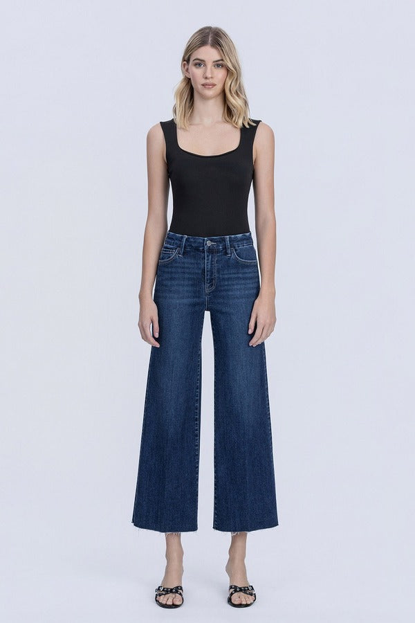 Flying Monkey High Rise Crease Line Trouser Wide Leg Jean in Caring, front view
