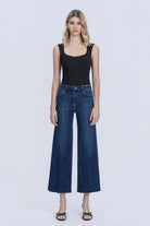 Flying Monkey High Rise Crease Line Trouser Wide Leg Jean in Caring, front view