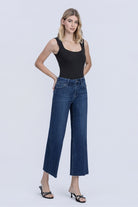 Flying Monkey High Rise Crease Line Trouser Wide Leg Jean in Caring, front three-quarter view