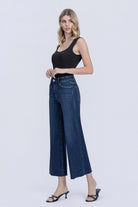 Flying Monkey High Rise Crease Line Trouser Wide Leg Jean in Caring, side three-quarter view