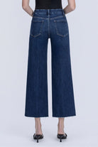 Flying Monkey High Rise Crease Line Trouser Wide Leg Jean in Caring, back detail of waistband and pockets