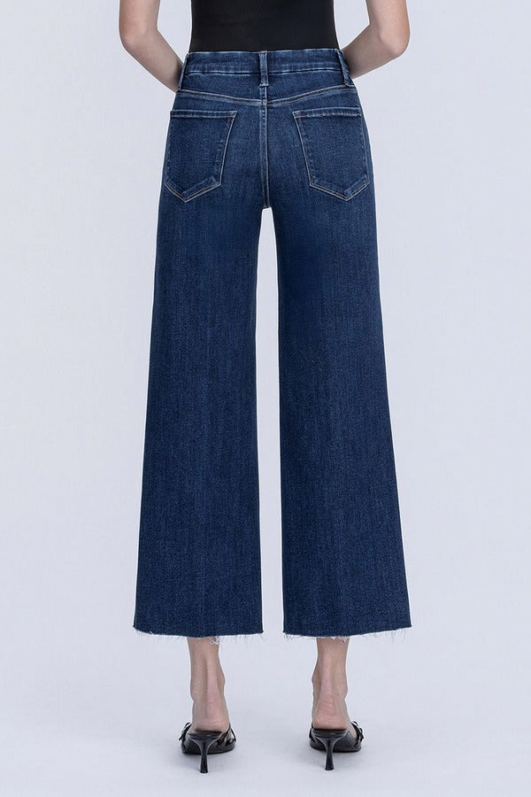 Flying Monkey High Rise Crease Line Trouser Wide Leg Jean in Caring, back detail of waistband and pockets
