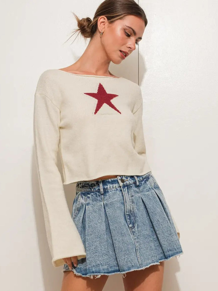 star sweater women, cropped knit sweater, statement sweater, casual cool sweater, lightweight knit top, women’s fall sweater, everyday layering sweater, trendy knit top