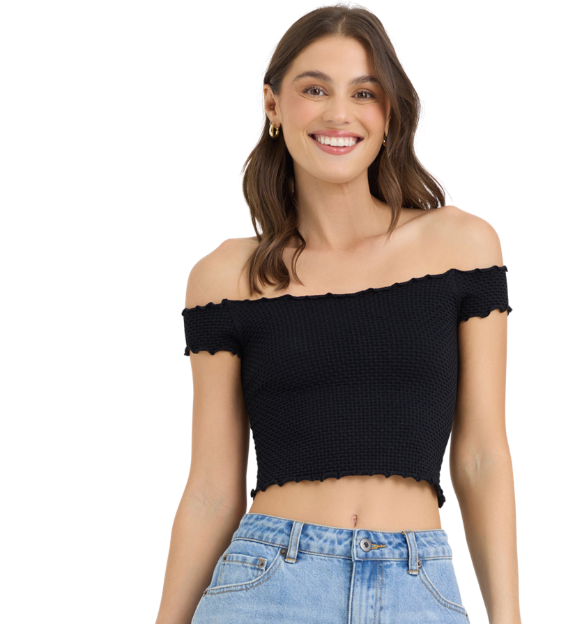 off shoulder crop top, smocked crop top women, off the shoulder top women, cropped smocked top, stretchy crop top, summer crop top women, casual crop top, everyday top women, weekend wear top, women’s tops, casual essentials
