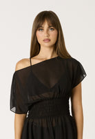 Cotton Candy LA One Shoulder Smock Waist Blouse in Black, front view