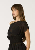 Cotton Candy LA One Shoulder Smock Waist Blouse in Black, side view