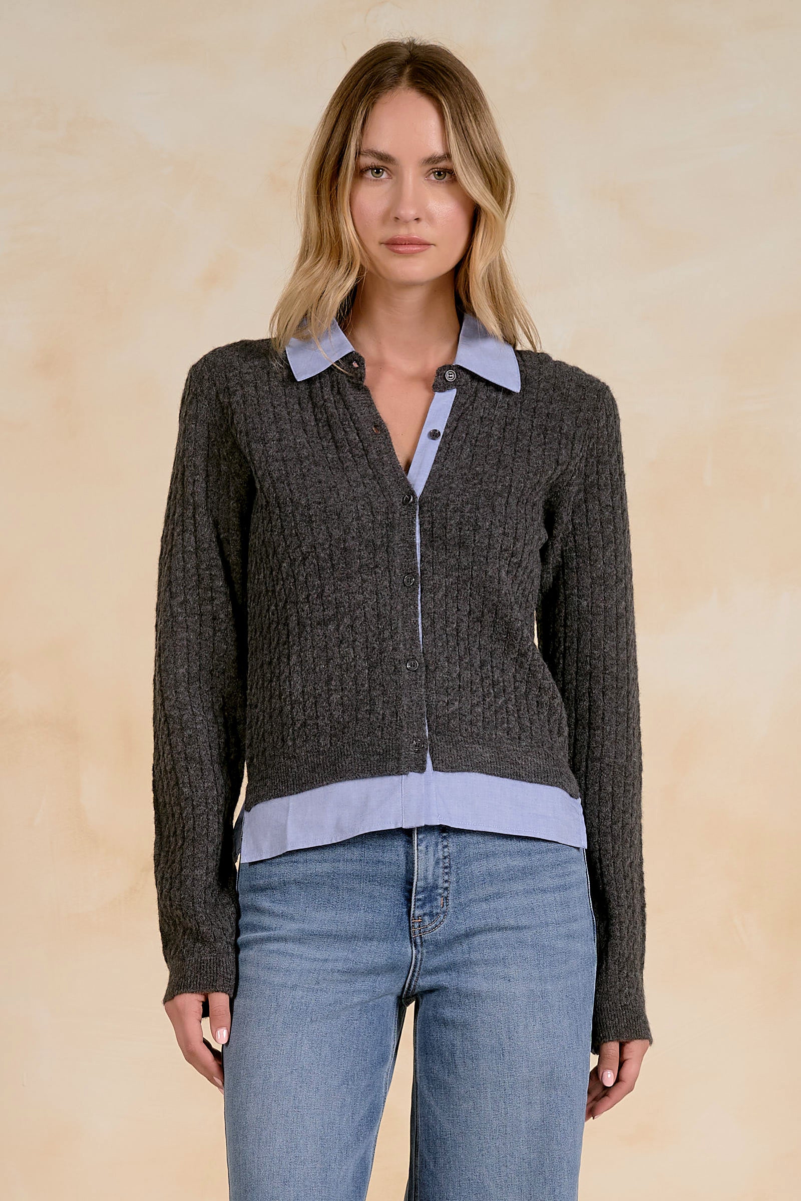 Close-up of the Elan Collared Sweater Cardigan in Tan White.