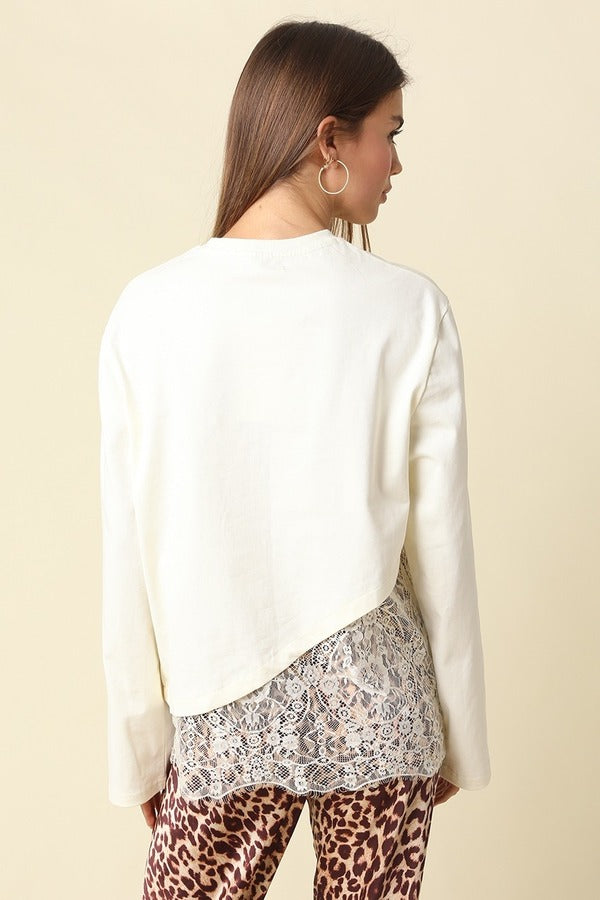 Olivaceous Charlie Asymmetrical Lace Trim Top in Cream, back