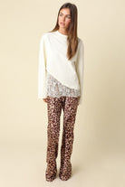 Olivaceous Charlie Asymmetrical Lace Trim Top in Cream, front, full length
