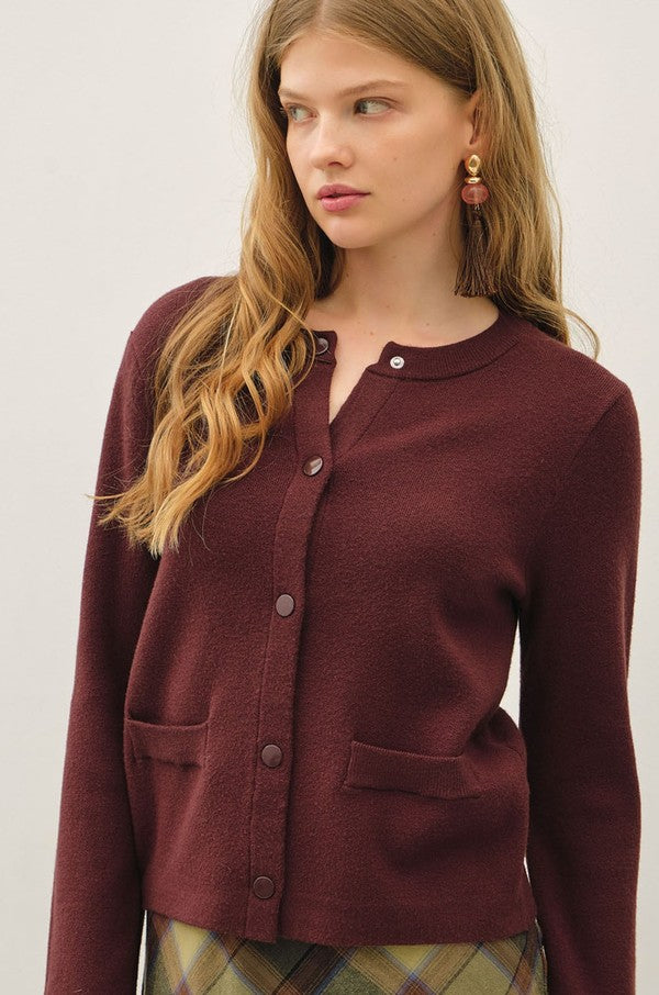 Be Cool Lightweight Crewneck Snap Button Cardigan with Pockets in Choco, front view