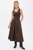 Naked Zebra Sleeveless Neck Midi Dress in Chocolate, front view