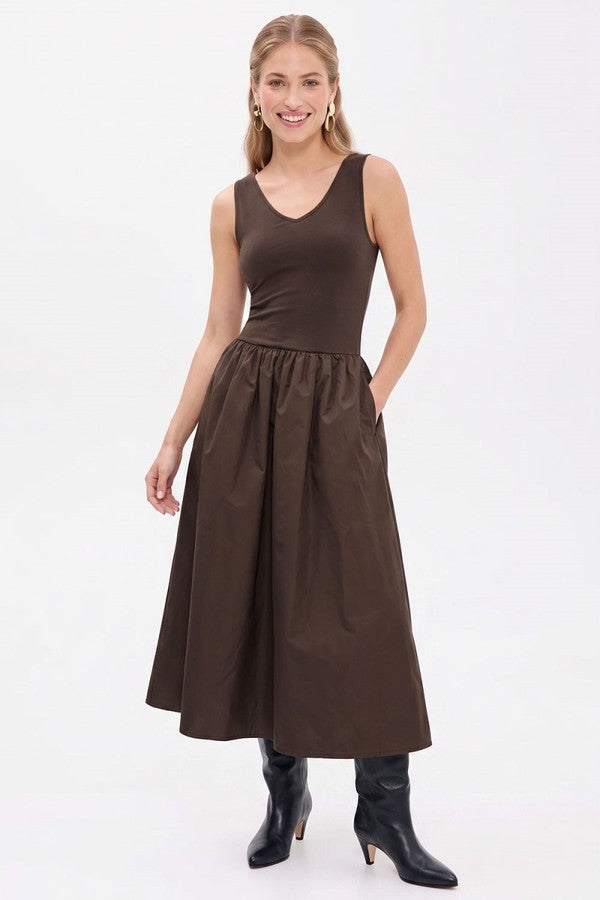 Naked Zebra Sleeveless Neck Midi Dress in Chocolate, front view