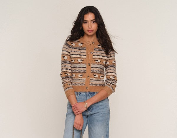 Heartloom Cole Cardi in Caramel, front view styled with wide-leg jeans