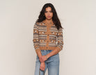 Heartloom Cole Cardi in Caramel, front view styled with wide-leg jeans