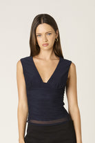 midnight blue ruched top, mesh V-neck top, fitted evening top for women, chic blue sleeveless top, ruched mesh blouse, deep V-neck going out top