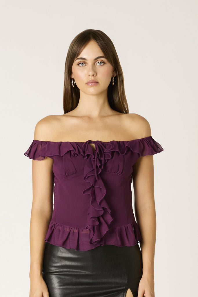 plum off shoulder top, ruffle blouse, romantic top, tie front top, feminine blouse, flirty date night top, fall going out outfit, off shoulder peplum top, trendy plum top, chic night out blouse