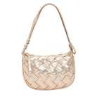 gold shoulder bag, metallic woven bag, gold woven purse, gold baguette bag, woven handbag, metallic crossbody bag, gold evening bag, trendy woven bag, gold faux leather bag, gold statement bag
