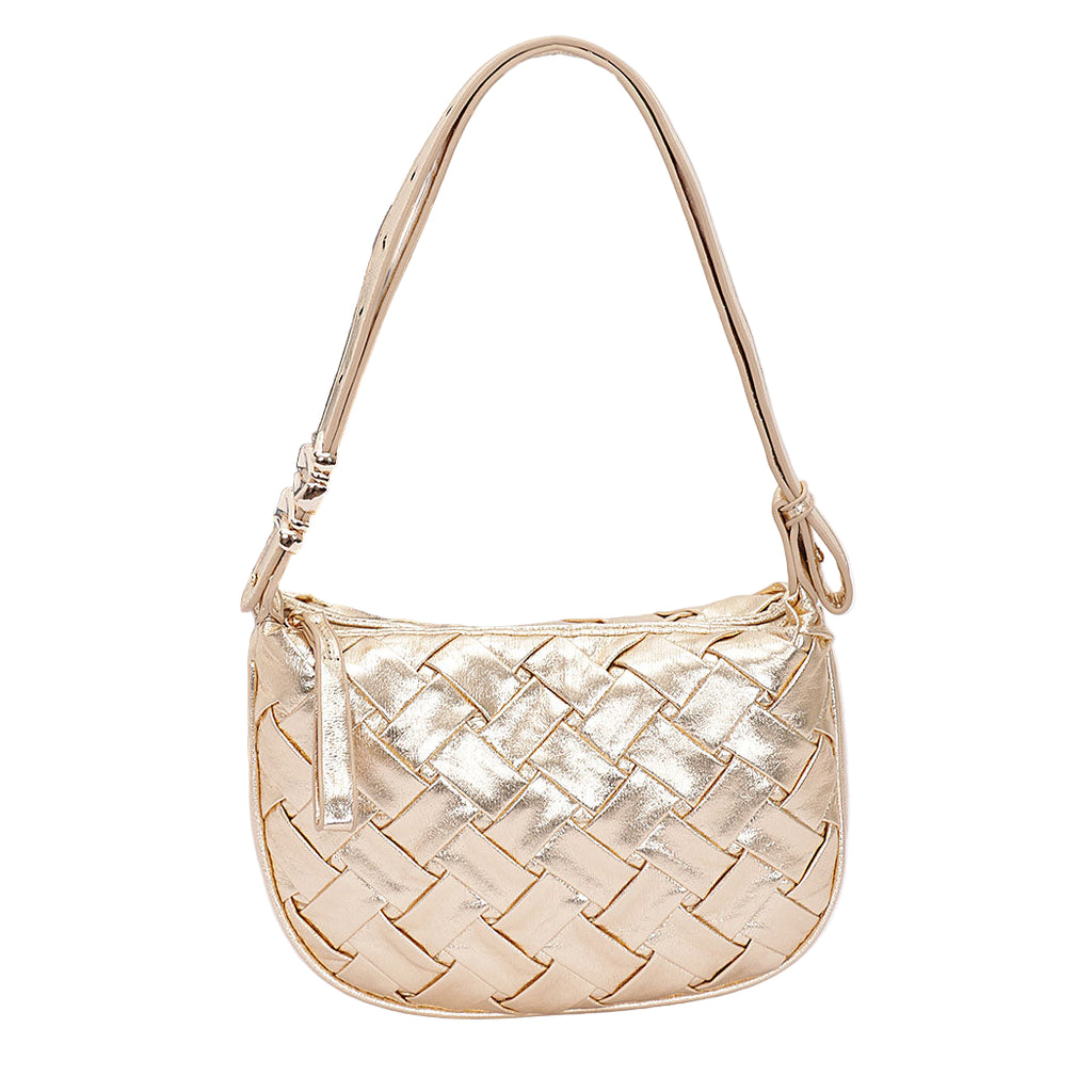 gold shoulder bag, metallic woven bag, gold woven purse, gold baguette bag, woven handbag, metallic crossbody bag, gold evening bag, trendy woven bag, gold faux leather bag, gold statement bag