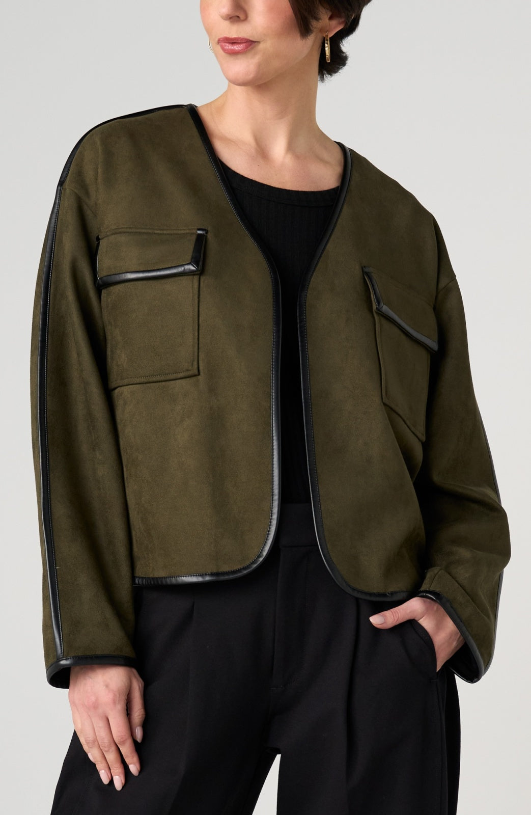 Liverpool Relaxed Open Front Jacket in Dark Olive, front detail view