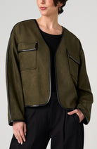 Liverpool Relaxed Open Front Jacket in Dark Olive, front detail view
