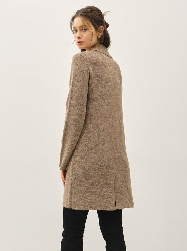 Be Cool Fuzzy Open Coatigan with Patch Pockets and Button Details in Dark Taupe, back view