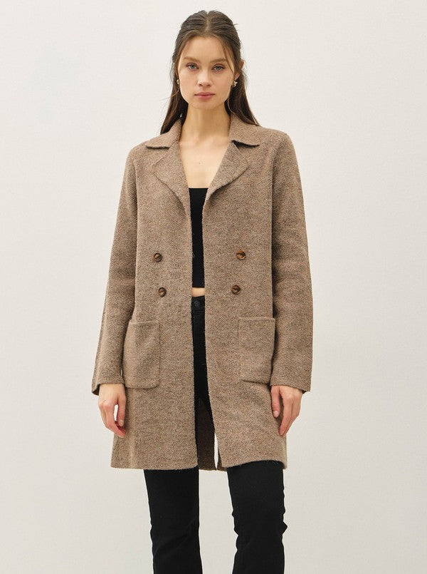 Be Cool Fuzzy Open Coatigan with Patch Pockets and Button Details in Dark Taupe, front view