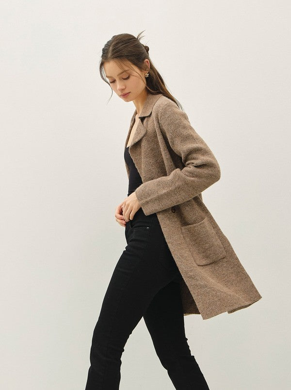Be Cool Fuzzy Open Coatigan with Patch Pockets and Button Details in Dark Taupe, side view