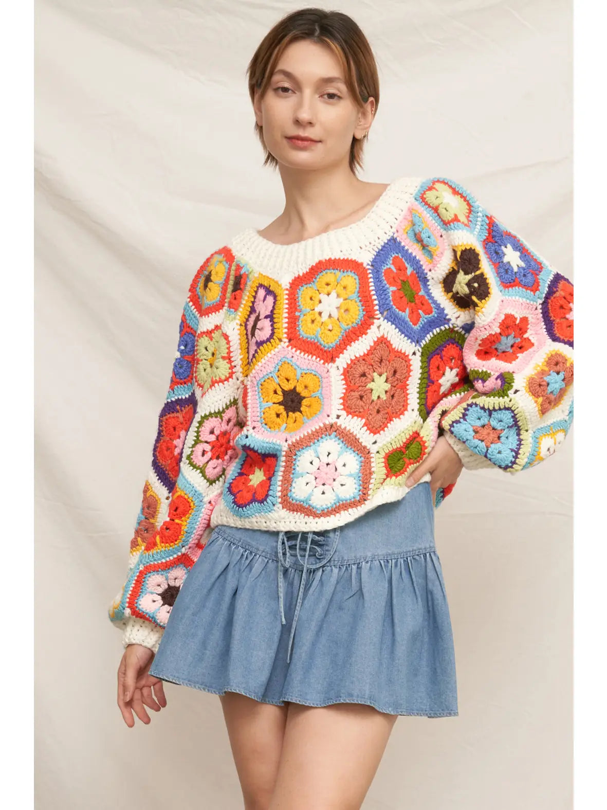crochet sweater women, granny square sweater, colorful knit sweater, statement sweater women, boho crochet top, multicolor knit sweater, unique women’s sweater, spring statement knit