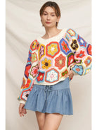 crochet sweater women, granny square sweater, colorful knit sweater, statement sweater women, boho crochet top, multicolor knit sweater, unique women’s sweater, spring statement knit