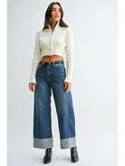 JBD Two Tone Hem Seam Slim Wide Leg in Dark Denim, front view