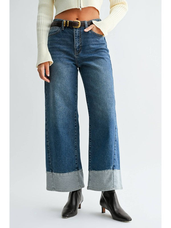 JBD Two Tone Hem Seam Slim Wide Leg in Dark Denim, front view, close-up of fit and contrast hem