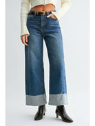 JBD Two Tone Hem Seam Slim Wide Leg in Dark Denim, front view, close-up of fit and contrast hem