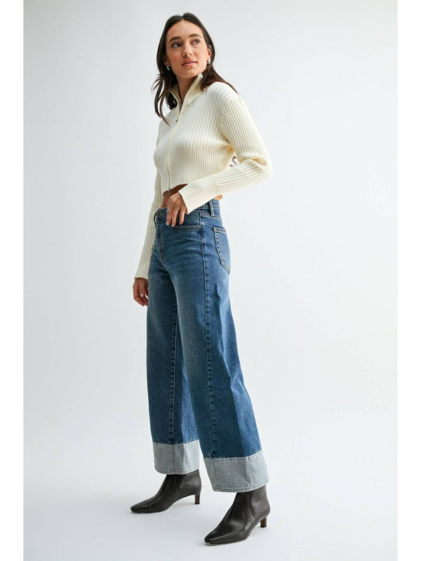 JBD Two Tone Hem Seam Slim Wide Leg in Dark Denim, side view