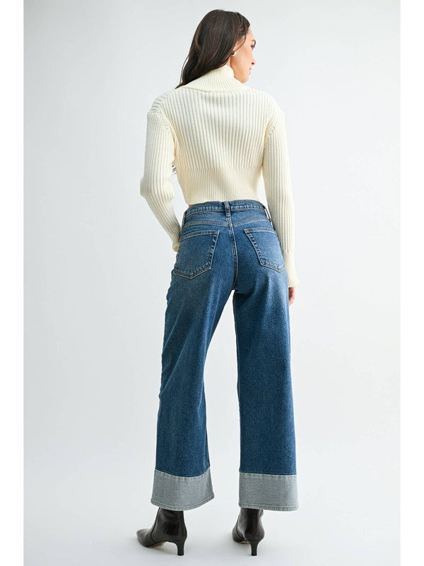 JBD Two Tone Hem Seam Slim Wide Leg in Dark Denim, back view