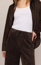 Z Supply Drift Suede Pant in Dark Roast, waist detail
