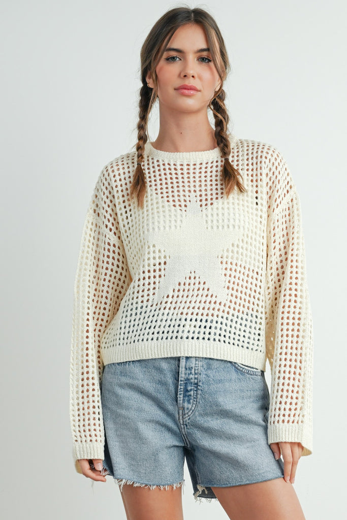 open knit sweater women, star sweater, lightweight summer sweater, sheer knit sweater, casual layering sweater, neutral knit top, women’s spring sweater, breathable knit sweater