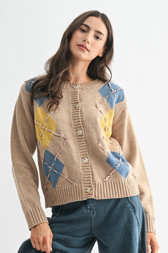 argyle cardigan, button front cardigan, women’s knit sweater, cozy cardigan, fall sweaters, everyday layering sweater, boutique cardigan, neutral knit sweater, casual chic cardigan