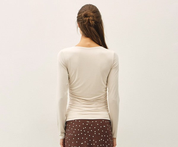 Be Cool Boat Neck Long Sleeve Side Ruched Knit Top in Ecru, back view