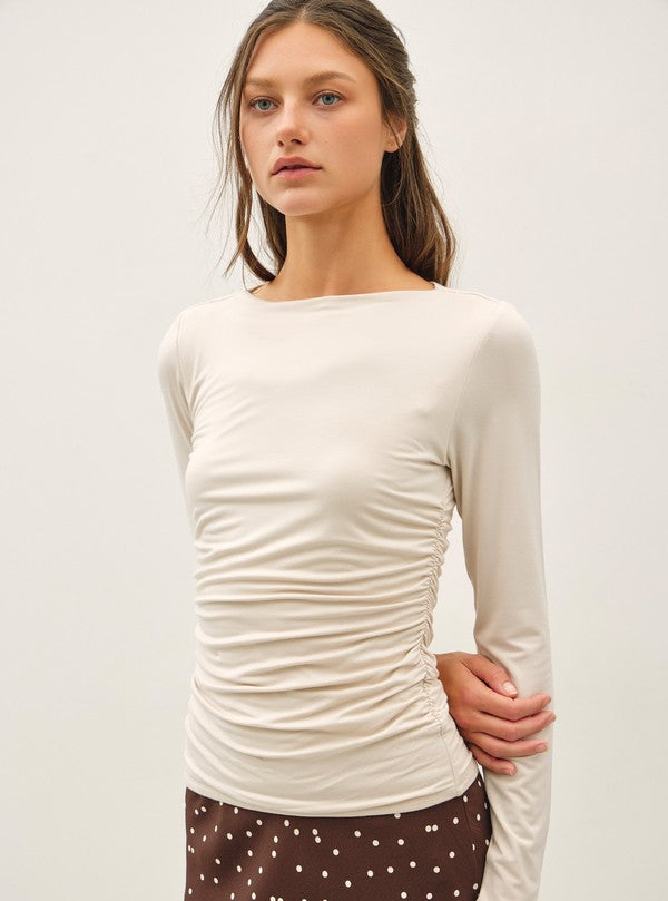 Be Cool Boat Neck Long Sleeve Side Ruched Knit Top in Ecru, front view