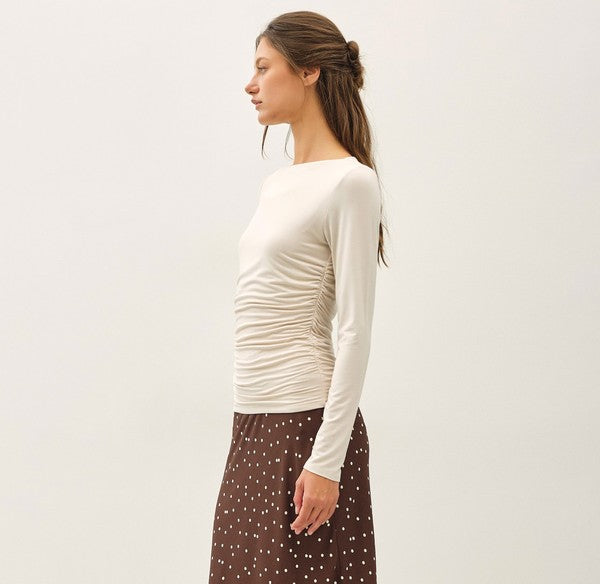 Be Cool Boat Neck Long Sleeve Side Ruched Knit Top in Ecru, side view