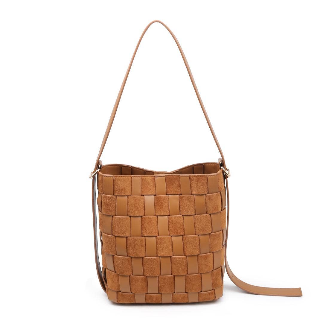 Brown woven handbag with a strap on a white background