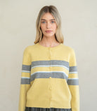 Elle Grey Soft Touch Crew Neck Cardigan in Yellow Combo, front view