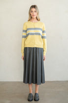 Elle Grey Soft Touch Crew Neck Cardigan in Yellow Combo, front view, full length